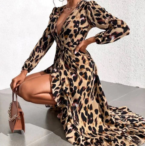 Jacelyn | Trendy V-hals Jurk met Luipaardprint voor Dames
