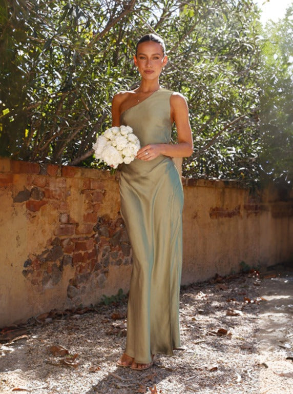 Myra | Satijnen One-Shoulder Maxi Jurk met Elegante Split