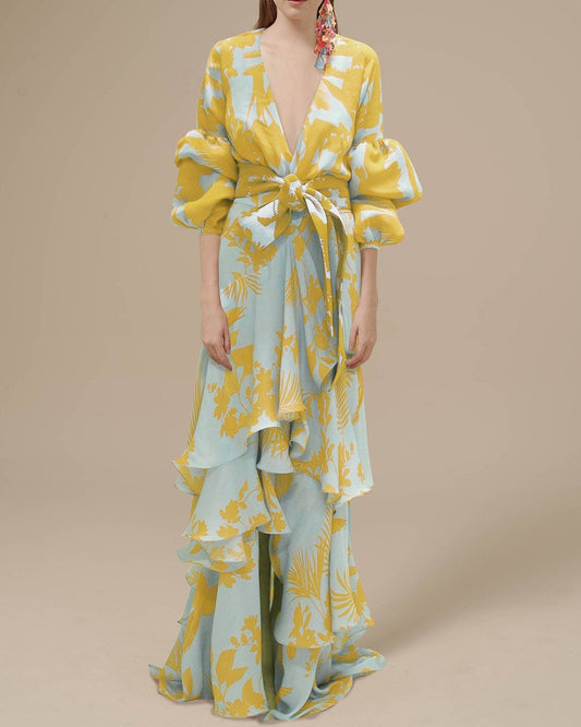 Amanda - Elegante feestjurk van bedrukte chiffon en V-hals