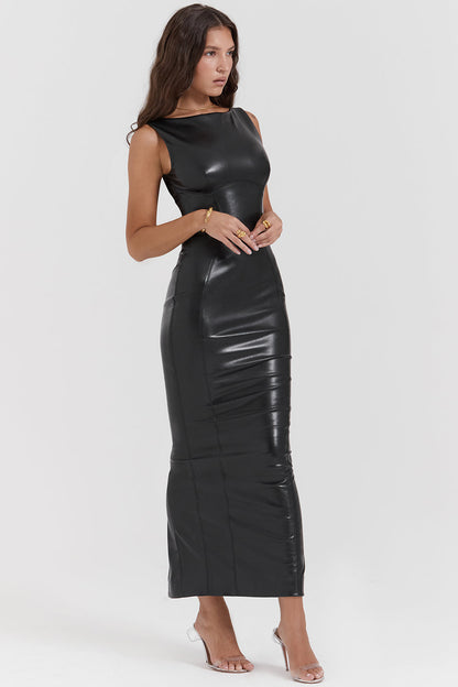 Phebe – Vegan Leren Bodycon Maxi Jurk voor Dames